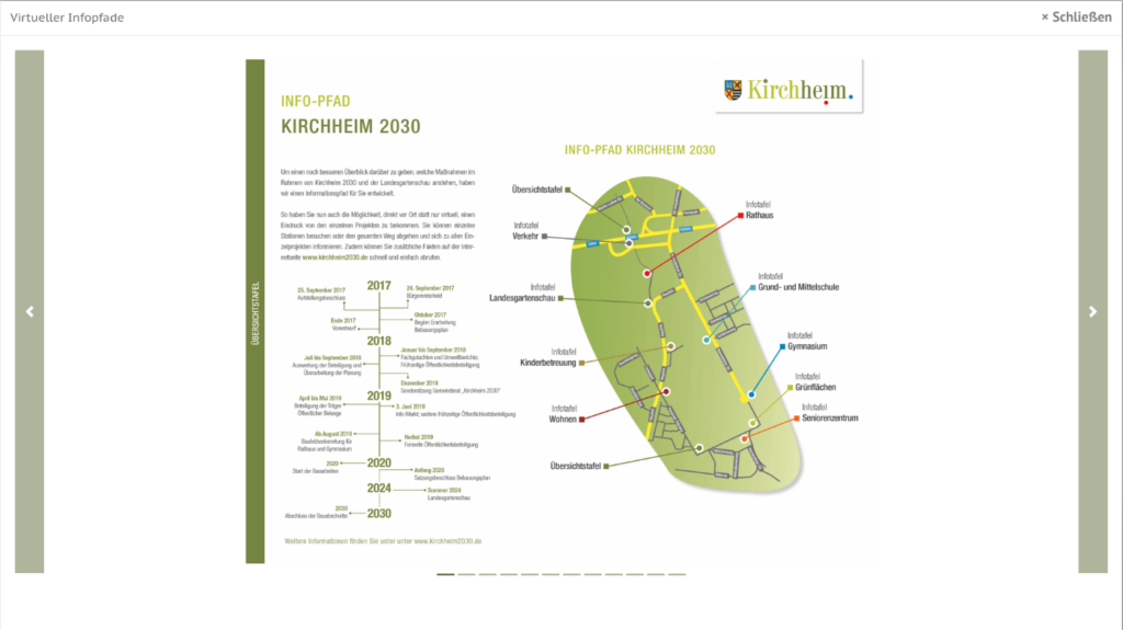Unterseite Virtueller Info-Pfad der responsiven Webseite für den Bürgerdialog Kirchheim2030 bei München. Die Webseite wurde auf dem Content-Managementsystem Wordpress und den Programmiersprachen PHP, Javascript, HTML, CSS realisiert.