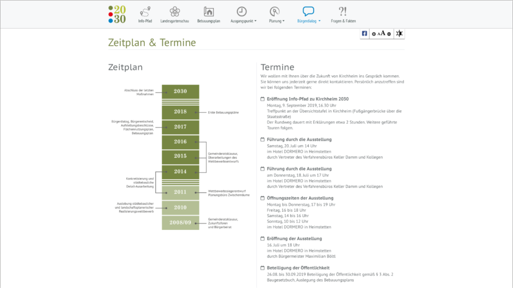 Unterseite Bürgerdialog - Zeitplan & Termine der responsiven Webseite für den Bürgerdialog Kirchheim2030 bei München. Die Webseite wurde auf dem Content-Managementsystem Wordpress und den Programmiersprachen PHP, Javascript, HTML, CSS realisiert.