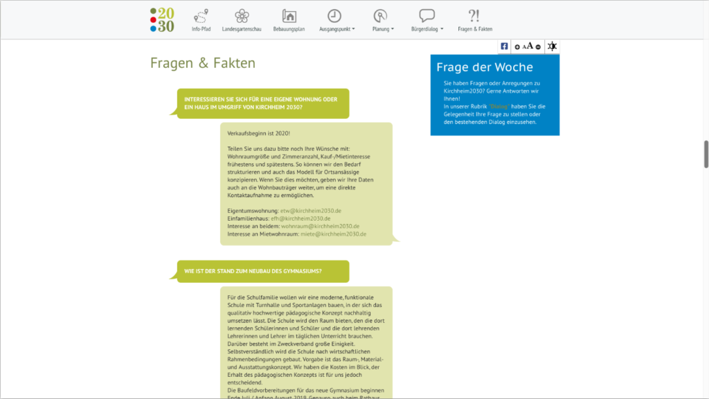 Unterseite Fragen & Fakten der responsiven Webseite für den Bürgerdialog Kirchheim2030 bei München. Die Webseite wurde auf dem Content-Managementsystem Wordpress und den Programmiersprachen PHP, Javascript, HTML, CSS realisiert.