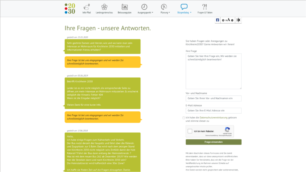 Unterseite Bürgerdialog - Ihre Fragen - unsere Antworten der responsiven Webseite für den Bürgerdialog Kirchheim2030 bei München. Die Webseite wurde auf dem Content-Managementsystem Wordpress und den Programmiersprachen PHP, Javascript, HTML, CSS realisiert.