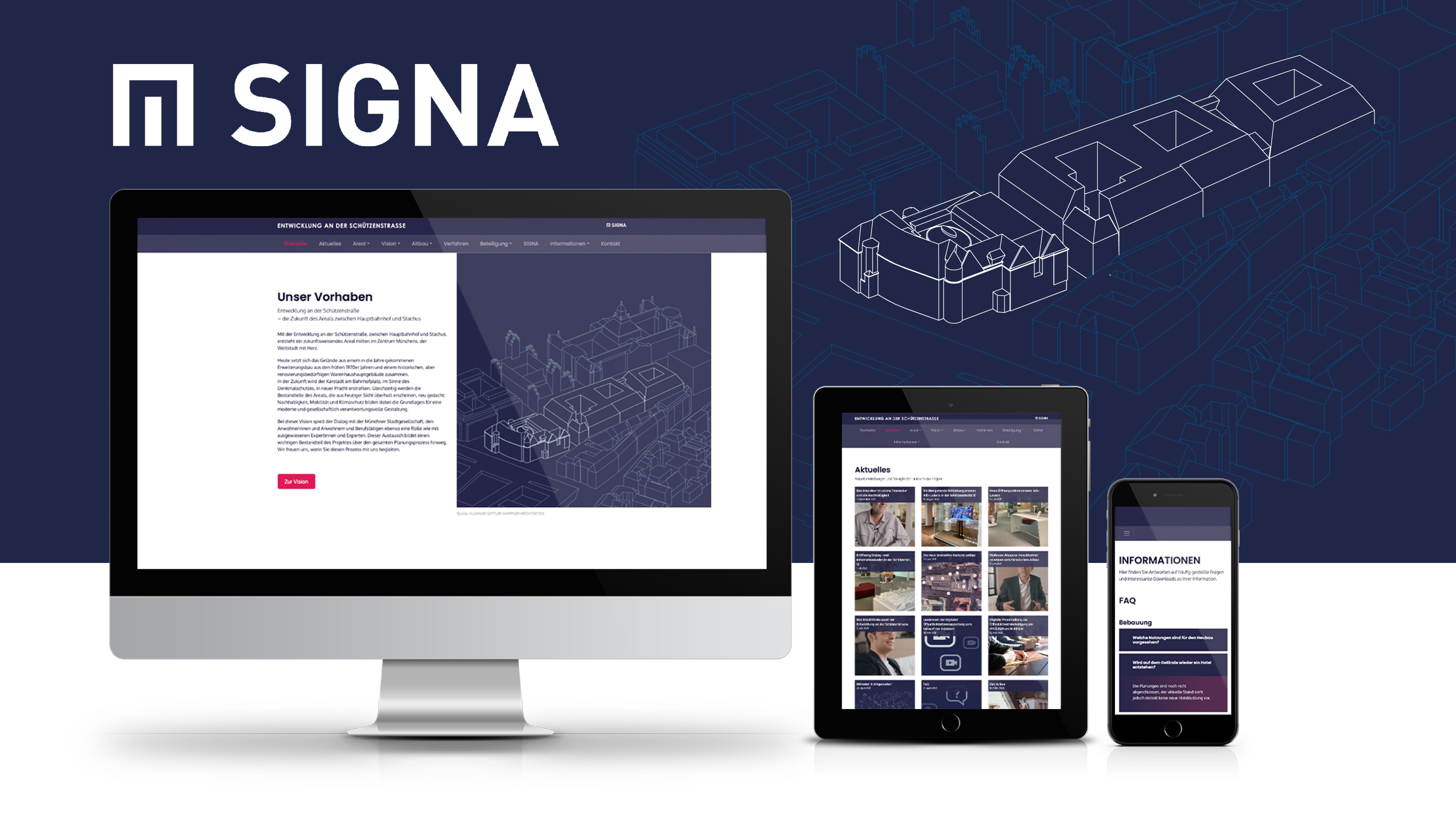 Web-header der Onuo webseite des Projektes Entwicklung Schützenstrasse. Bild zeigt die responsive Seite auf verschiedenen Endgeräten dazu im Hintergrund ein Stimmungsbild mit Gebäudegrafik