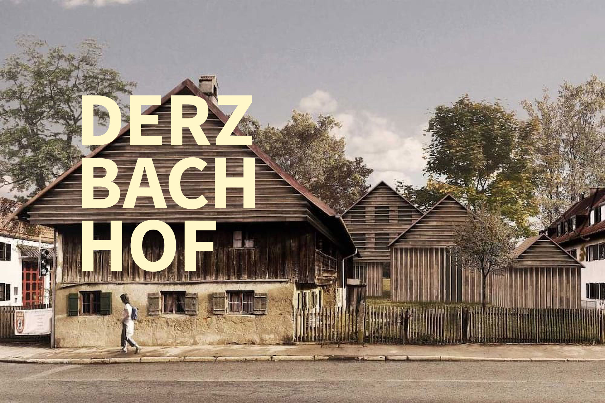 Moodbild zeigt den Derzbachhof im Hintergrund, und den Logo-Schriftzug im Vordergrund