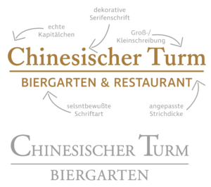 Beim Entwerfen des neuen Logos des Biergarten Chinesischer Turm im zuge des neuen Corporate designs wurden neue Schriften verwendet die auf dem Bild erläutert werden, angelehnt an das alte Logo