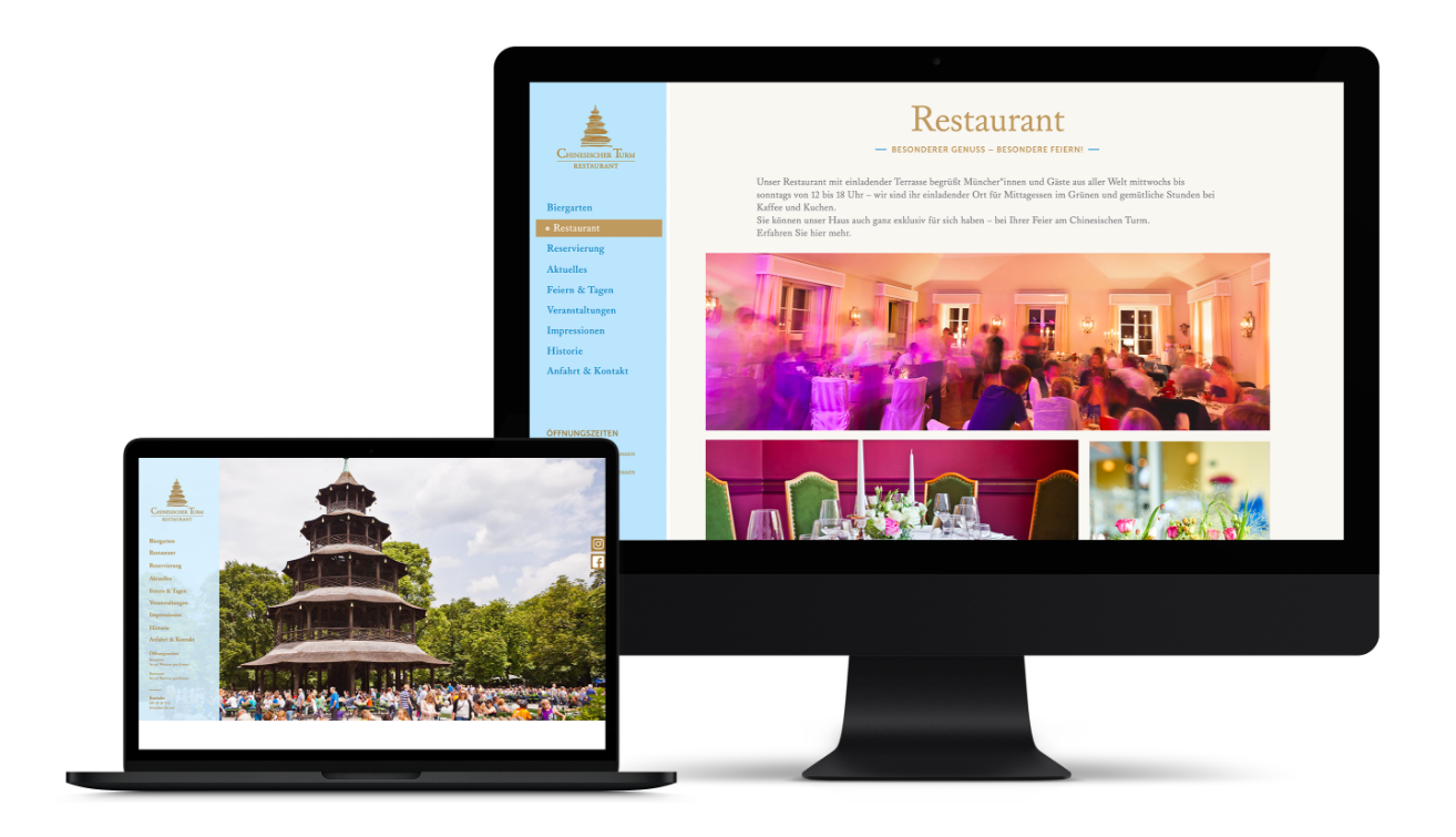 Das Mockupbild zeigt die responsive Webseite für den Chinaturm in München und wurde auf dem Content-Managementsystem Wordpress und den Programmiersprachen PHP, Javascript, HTML, CSS realisiert.