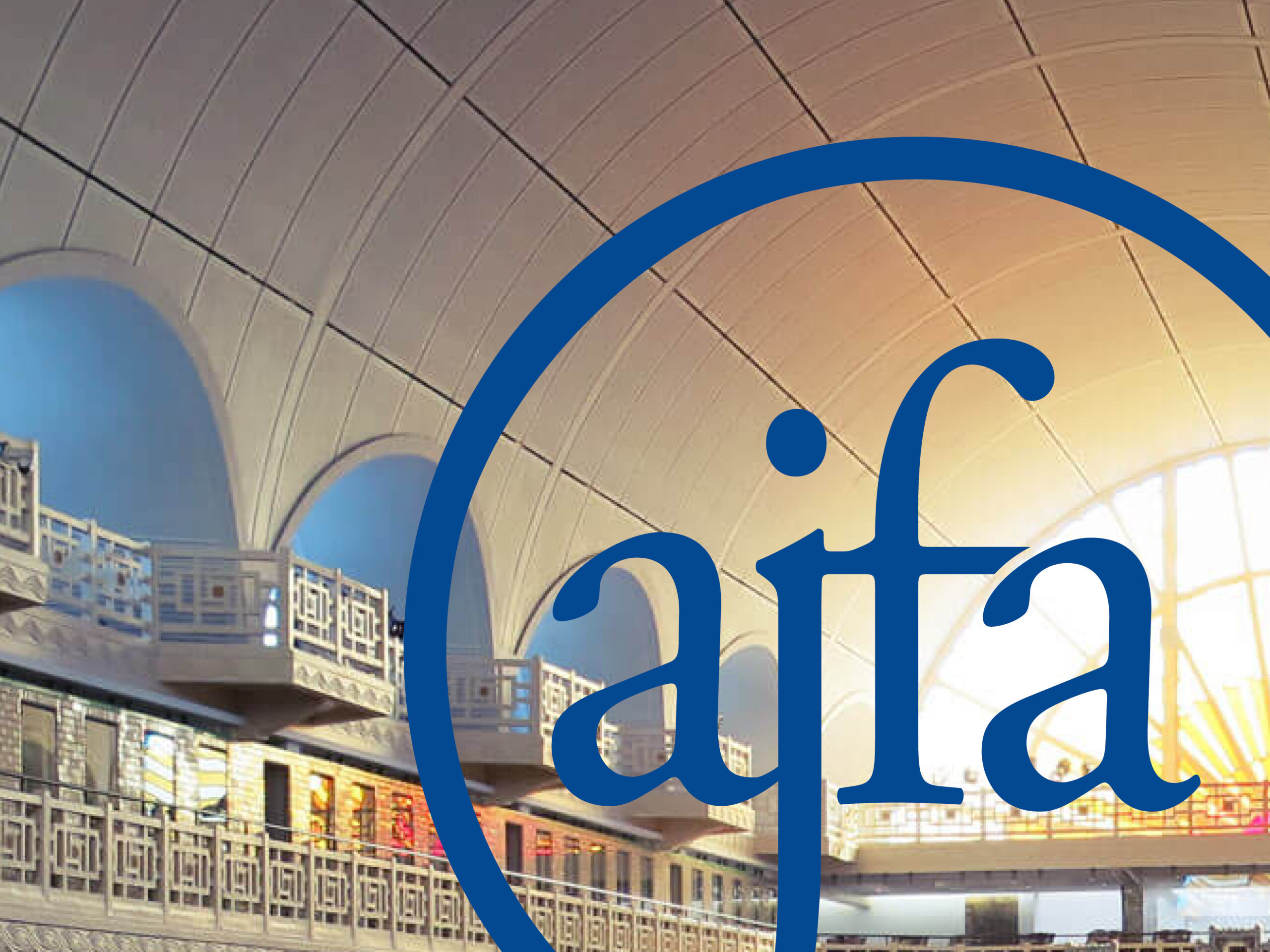 Moodbild Ajfa mit Logo vorne und große Halle eines Gebäudes im Hintergrund