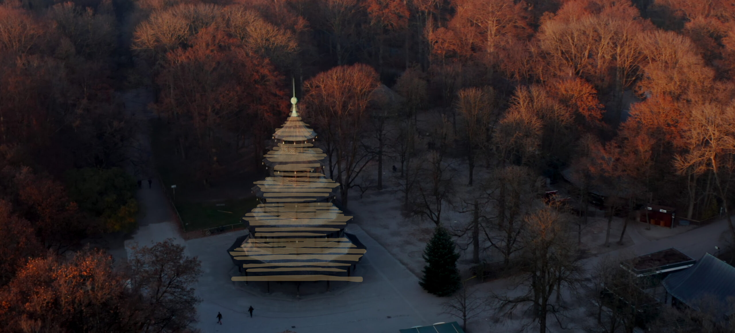 Das Bild aus Vogelperspektive des Chinaturm, zeigt den Chinaturm in Silhouette als Logo mit Linien abgebildet, darunter der Chinesischer Turm