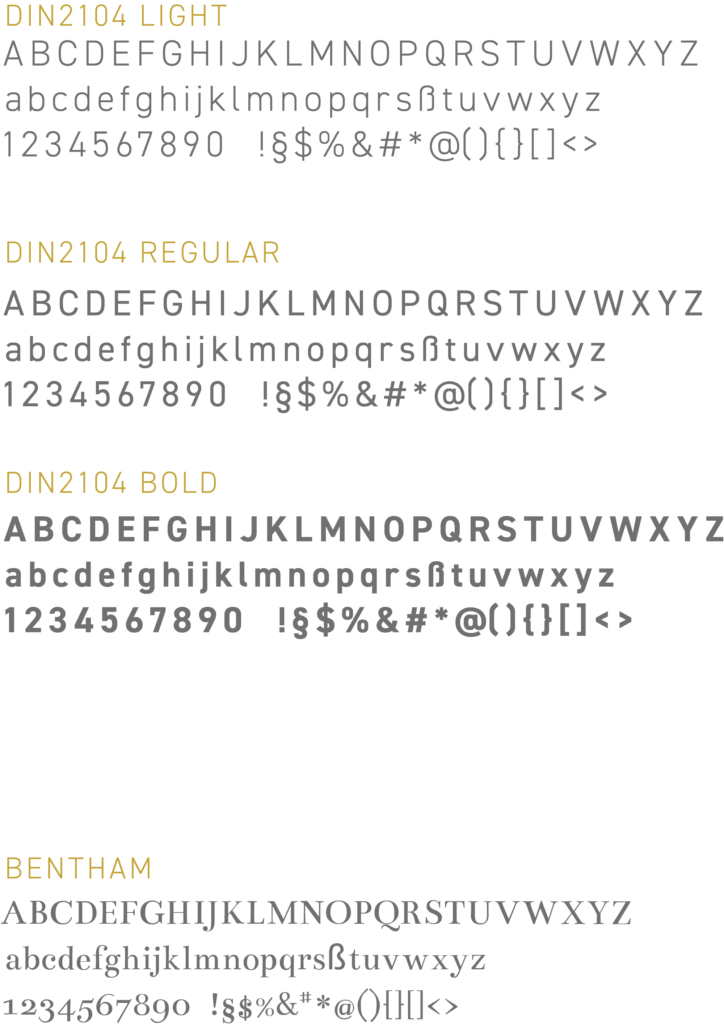 Die Schriftproben und Fontvarianten des Corporate Design der Gastronomie Wirtshaus Franz Xaver München. DIN2104 und Bentham.