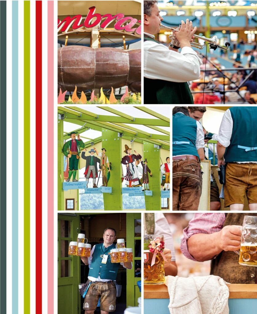 Collage aus den Corporatedesign Farben und Fotografien vom Oktoberfest aus dem Zelt der Gastronomie Ochsenbraterei München.