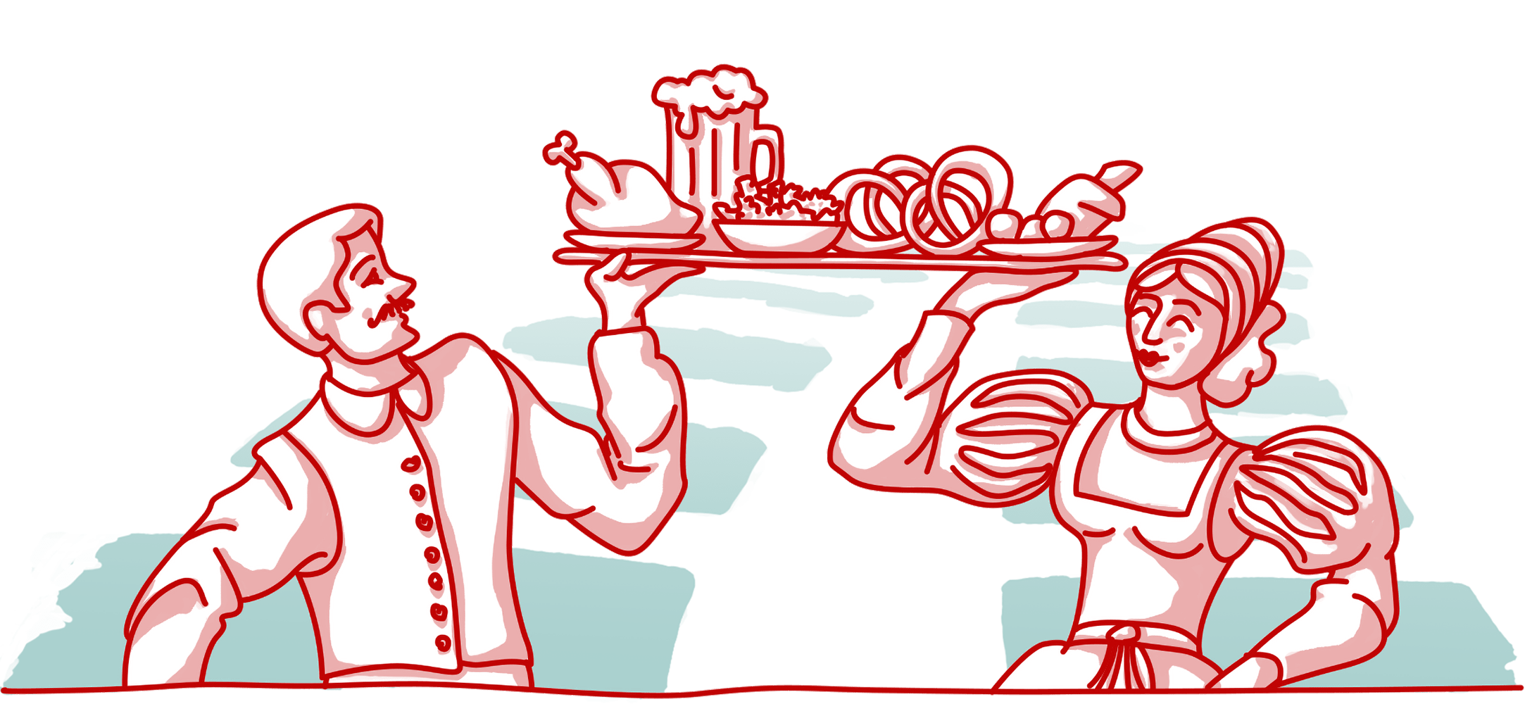 Illustrierte Bedienungen in Tracht mit Speisentablett für die Webseite der Gastronomie Ochsenbraterei München. Passend zum Corporate Design in den Farben Candy Apple, Light Coral, Warm Sky und weiß.