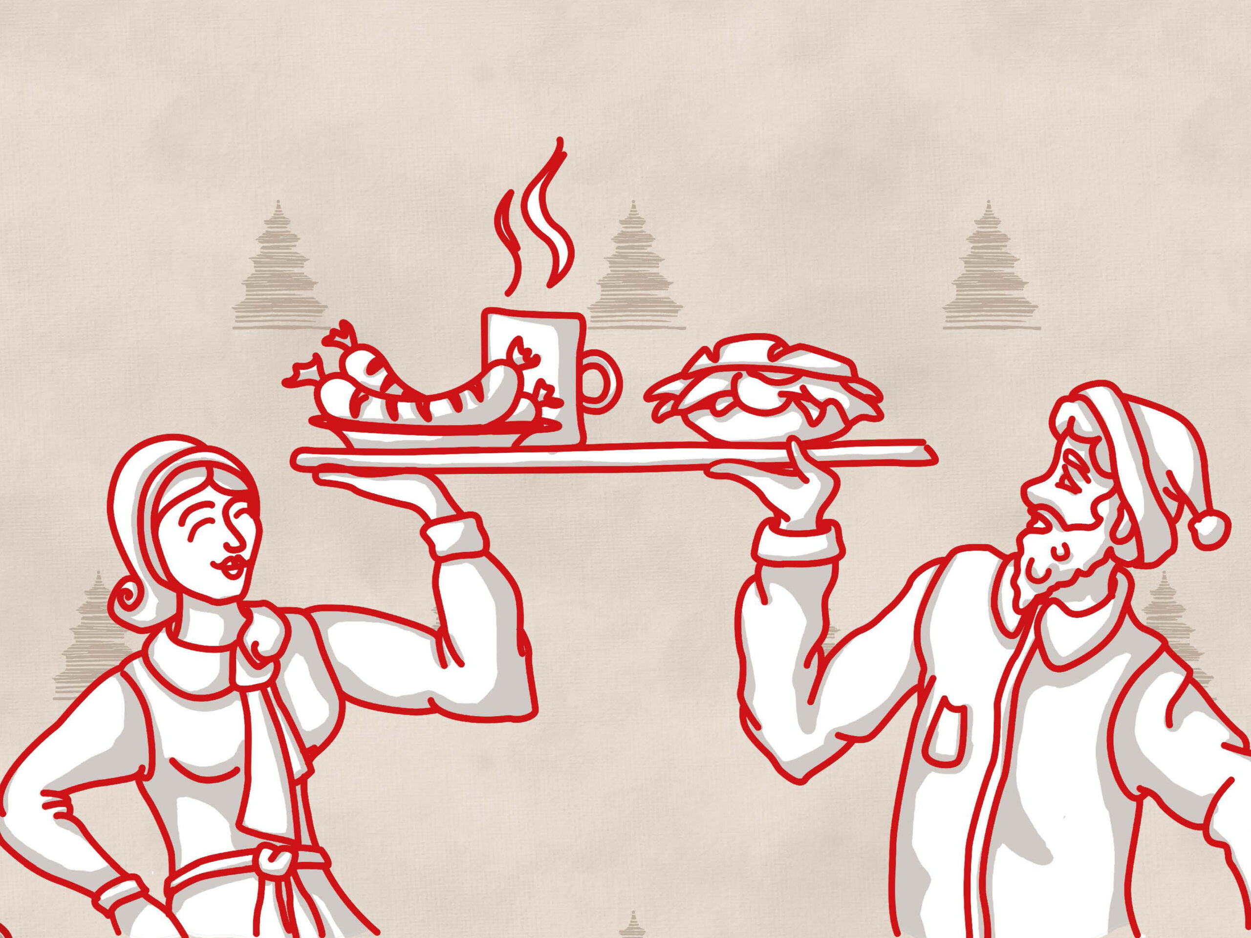 Kachelbild für das Corporate Design der Weihnachtsochsenbraterei München. Eine Illustration einer Frau und eines Mannes in Tracht und Weihnachtsmütze und einem Tablett mit einer traditionellen Mahlzeit.
