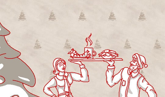 Die Rückwand des Weihnachtsmarktstands der Weihnachtsochsenbraterei München zeigt eine Illustration im Corporate Design der Ochsenbraterei zweier Bedienungen in Tracht mit einem Speisentablett, im Hintergrund ein Muster aus der Chinatum Logo in Anlehnung an Weihnachtsbäume.