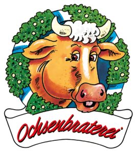 Altes Logo Historischer Ox der Ochsenbraterei München. Das Logo besteht aus einem freundlichen Ochsenkopf verziert mit einem grünen Kranz, darunter ein weißes Banner mit der roten Aufschrift Ochsenbraterei.