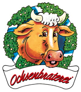 Altes Logo Historischer Ox der Ochsenbraterei München. Das Logo besteht aus einem freundlichen Ochsenkopf verziert mit einem grünen Kranz, darunter ein weißes Banner mit der roten Aufschrift Ochsenbraterei.