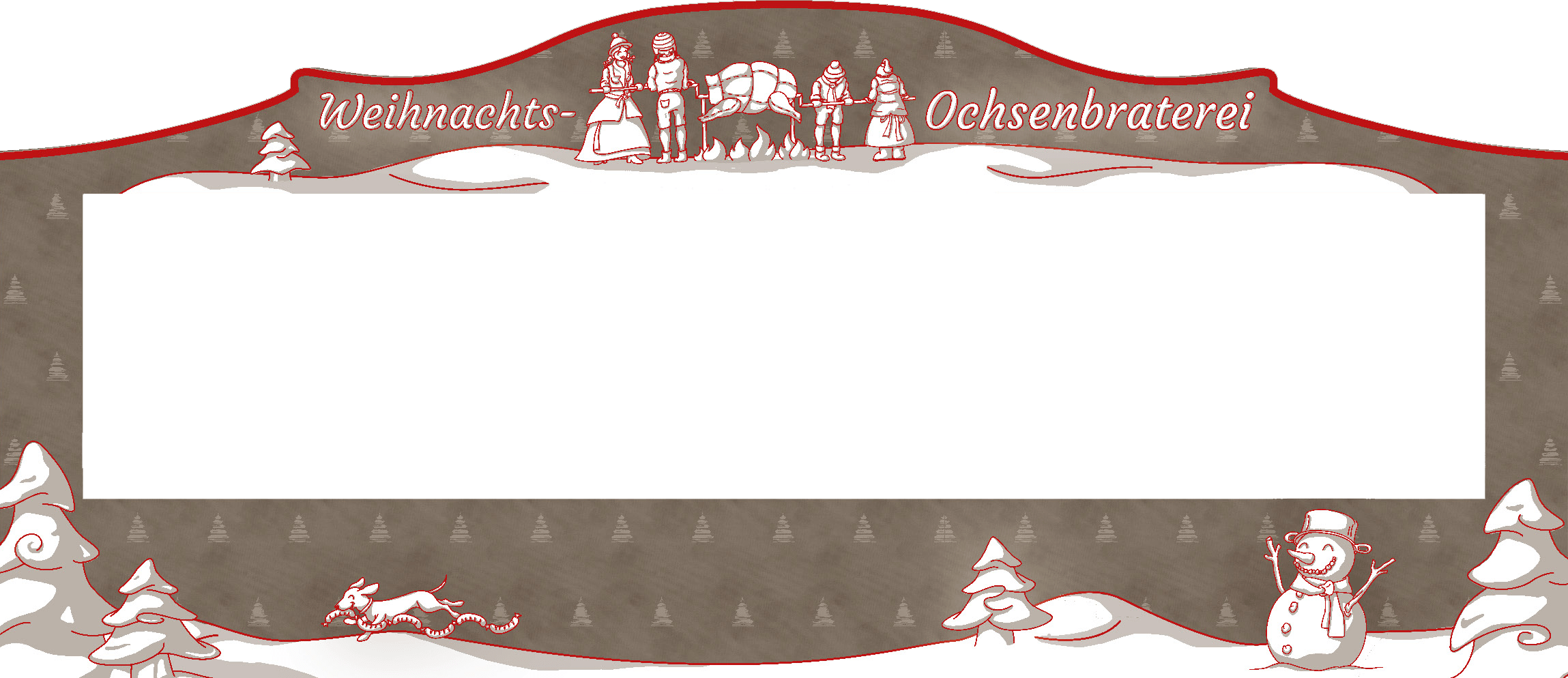 Der Rahmen des Weihnachtsmarktstands der Weihnachtsochsenbraterei München zeigt eine Illustration im Corporate Design der Ochsenbraterei mit dem Puppenspiel der Ochsenbraterei Fassade und dem Schriftzug "Weihnachtsochsenbraterei", schneebedeckten Nadelbäumen, einem Schneemann und einem Dackel. Im Hintergrund ein Muster aus dem Chinatum Logo in Anlehnung an Weihnachtsbäume.