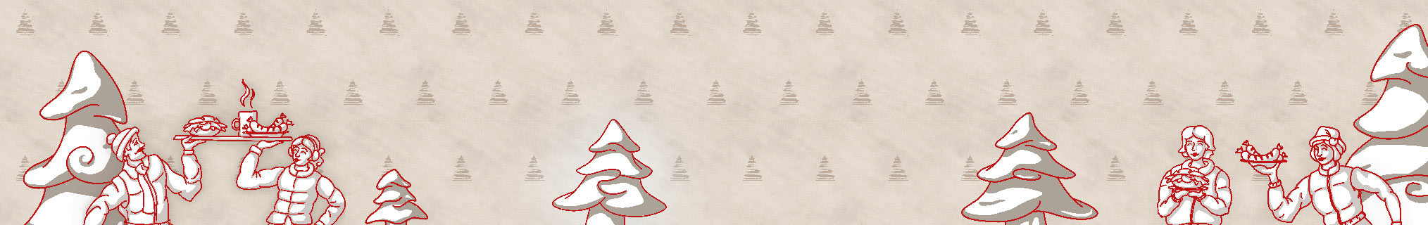 Die Rückwand des Weihnachtsmarktstands der Weihnachtsochsenbraterei München zeigt eine Illustration im Corporate Design der Ochsenbraterei mit Trachtenfiguren und schneebedeckten Nadelbäumen, im Hintergrund ein Muster aus dem Chinatum Logo in Anlehnung an Weihnachtsbäume.