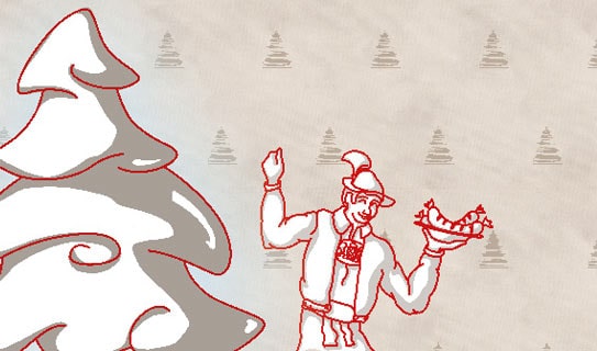 Die Rückwand des Weihnachtsmarktstands der Weihnachtsochsenbraterei München zeigt eine Illustration im Corporate Design der Ochsenbraterei einer Trachtenfigur neben einem schneebedeckten Baum, in der Hand einen Teller voll Weißwurst, im Hintergrund ein Muster aus der Chinatum Logo in Anlehnung an Weihnachtsbäume.