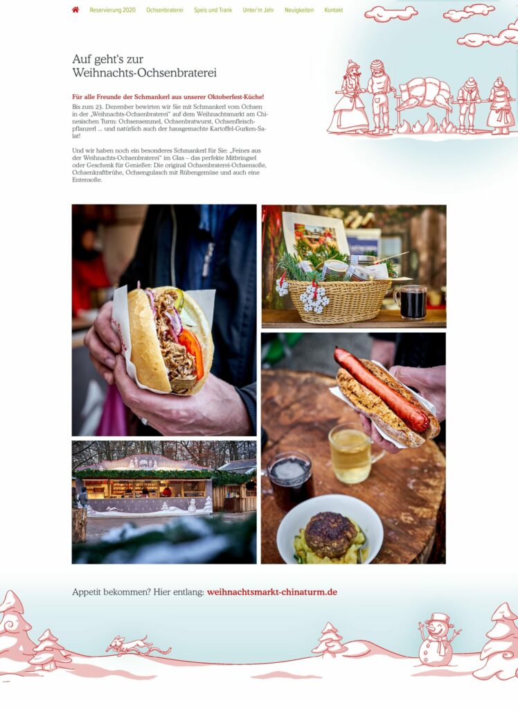 Webscreen der Weihnachtsochsenbraterei München mit Illustrationen und einer Fotocollage vom Weihnachtsmarkt und dem Weihnachtsmarkt Stand Design im Corporate Design der Ochsenbraterei.