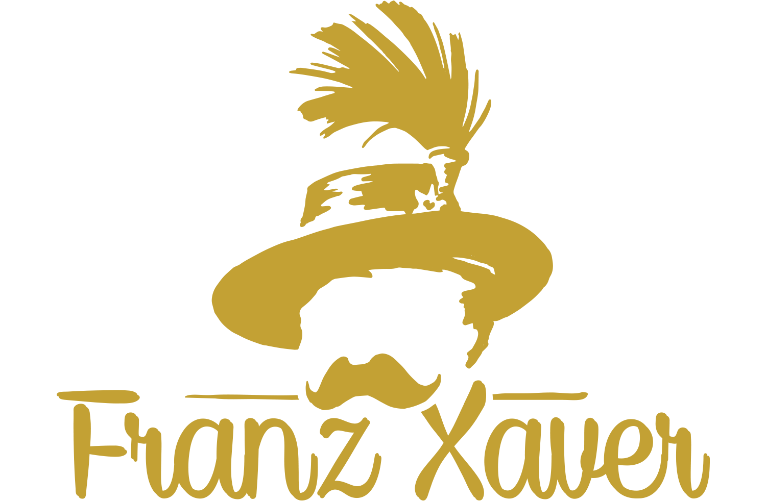 Logo der Gastronomie Wirtshaus Franz Xaver München. Der stilisierte Kopf von Franz Xaver mit Schnurrbart und Hut und dem Schriftzug "Franz Xaver" darunter. Das Logo ist in gold gehalten.