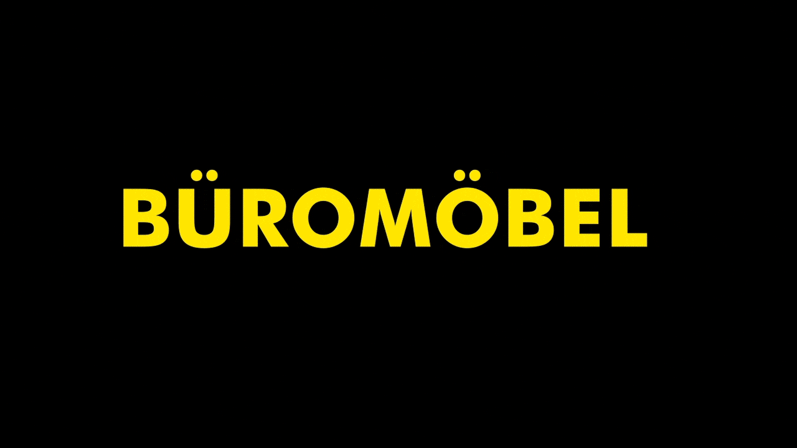 Animiertes Fahrgastfernsehen für Büromöbel Müller aus München mit gelber und weißer Schrift auf Schwarzem Hintergrund.