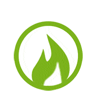 Mikroanimation für den Menüpunkt feste Brennstoffe für die Webseite Geisslinger Brennstoffe in Garmisch-Patenkirchen. Ein grünes Feuer in einem weißen Kreis mir grünem Rand.