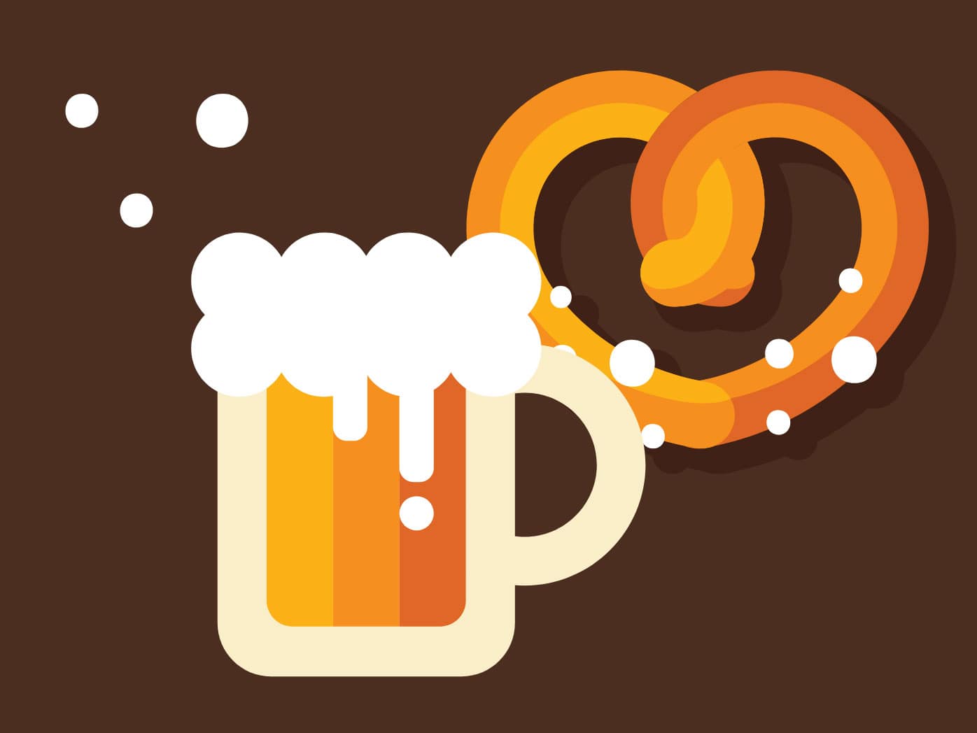 Illustration einer Maß Bier und einer Brezel auf braunem Hintergrund.