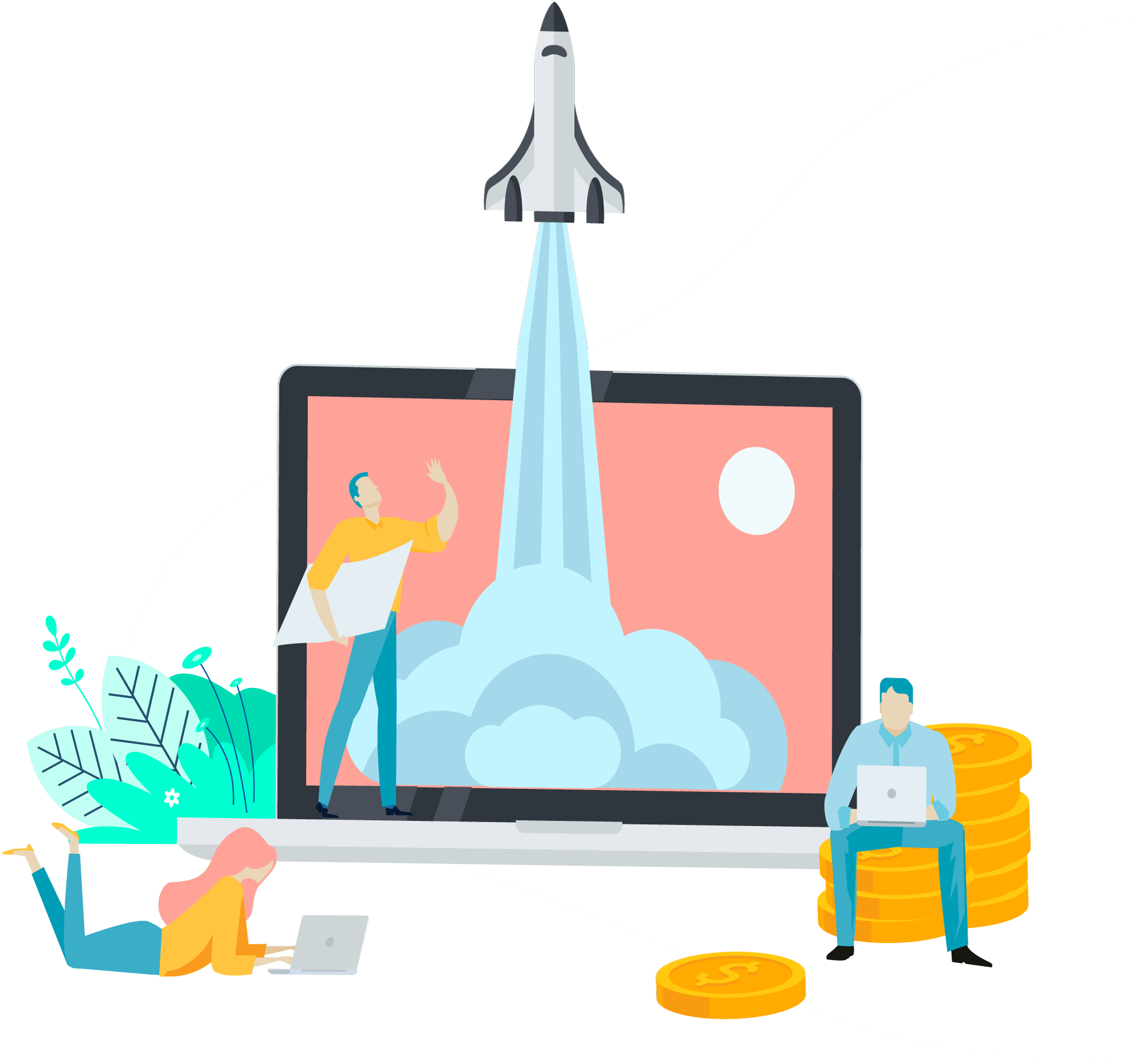 Ihre Website erstellen lassen von Profis. Moderne Websiteentwicklung für Startups, etablierte Unternehmen oder Freelancer. Die Illustration zeit eine Rakete, die aus einem Laptop startet.