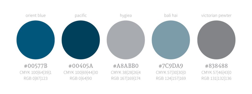 Farbgestaltung des Corporate Designs von "Badmanufaktur Alpina" in Blautönen und Grautönen