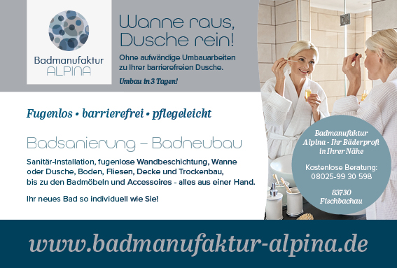 Ein Beispiel einer Printanzeige umgesetzt nach dem Corporate Design der Badmanufaktur Alpina.