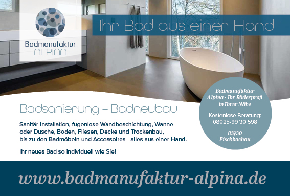 Ein Beispiel einer Printanzeige umgesetzt nach dem Corporate Design der Badmanufaktur Alpina.