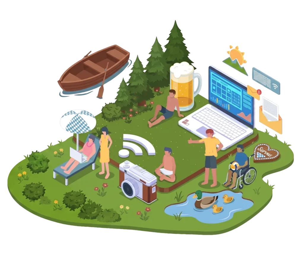 Illustration: Sommertag am See mit Laptop, Biergarten und Servus-Lebkuchenherz – Webseiten aus Seehausen am Staffelsee für Murnau und das Blaue Land