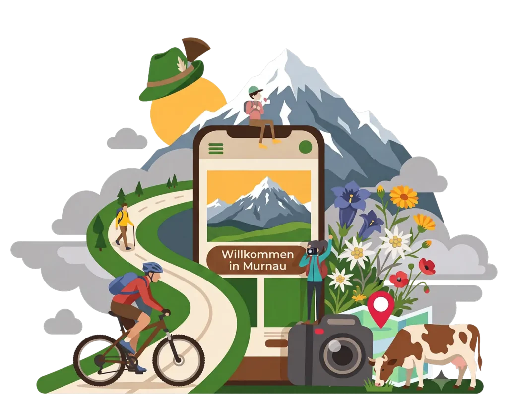 Illustration „Willkommen in Murnau": Smartphone vor Bergpanorama mit Radfahrern und Wanderern – Webdesign für Murnau von onuo