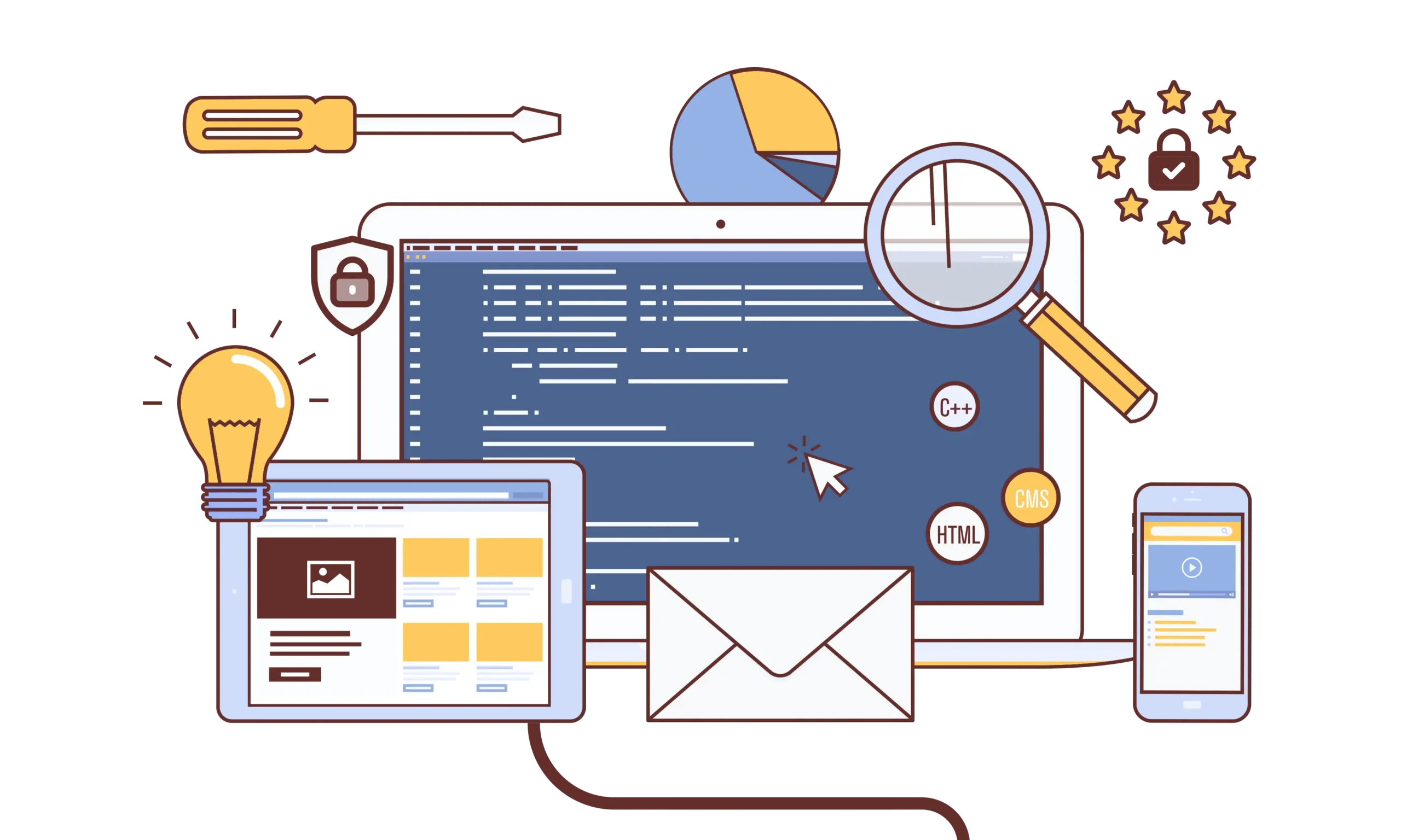 Illustrierte Übersicht aller Bausteine beim Webseite erstellen lassen – von Konzeption und Webdesign über SEO und Hosting bis Wartung