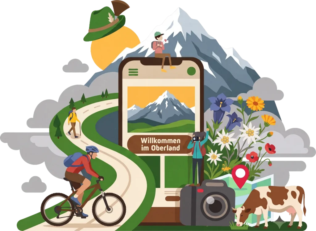 Illustration „Willkommen im Oberland“: Smartphone vor Bergpanorama mit Radfahrer, Wanderern, Alpenblumen und Kuh – Webdesign fürs Oberland von onuo